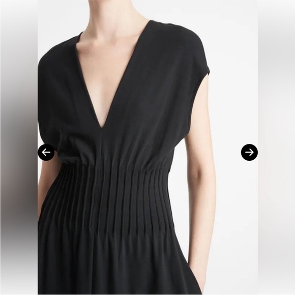 Vince Black Pintuck V-Neck Midi Dress Size S NWT Cotton Pockets - Picture 3 of 5